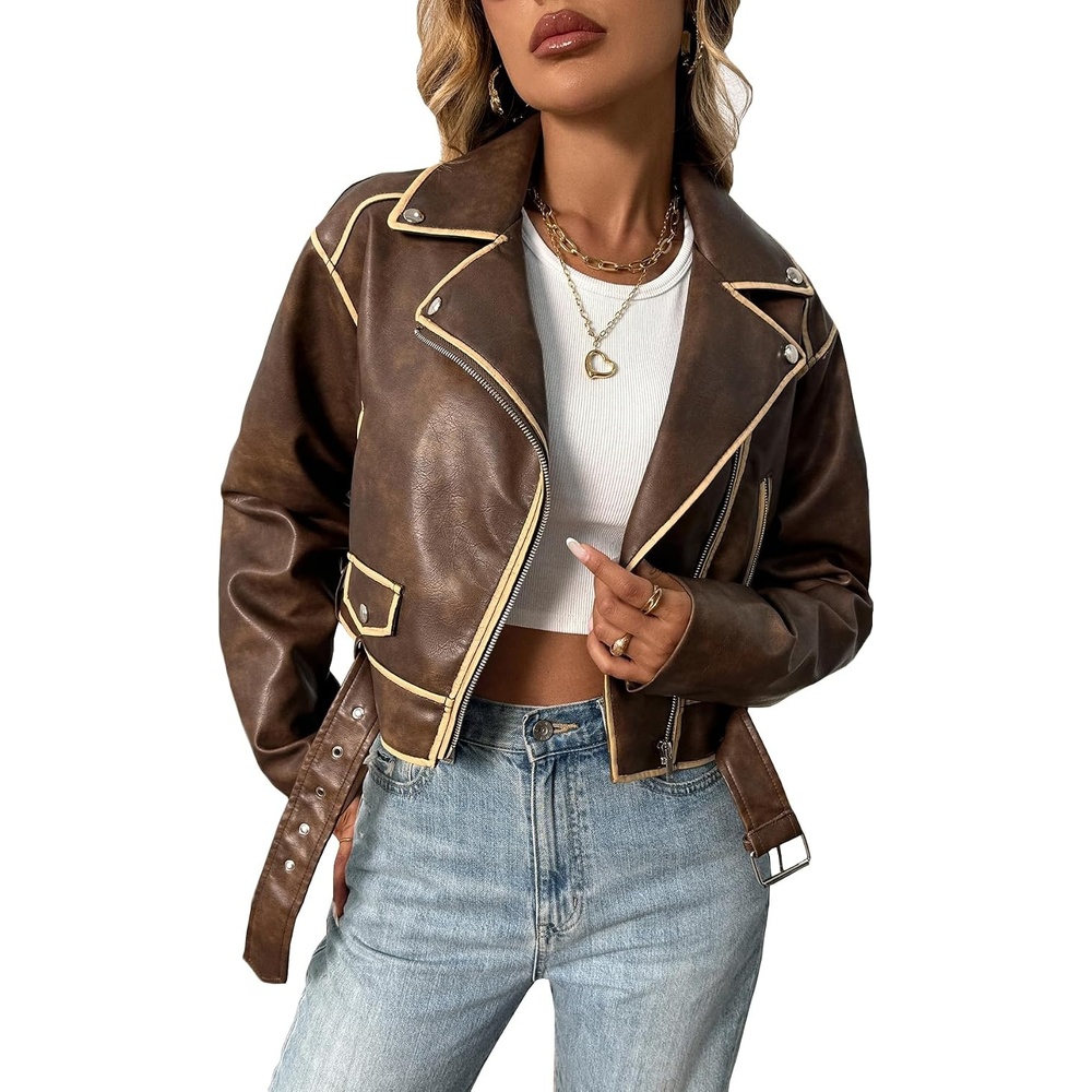 image:imageLY VAREY LIN Women Faux Leather Cropped Jacket Lapel Zipper Biker Short Coat with BeltL2311dark Brown