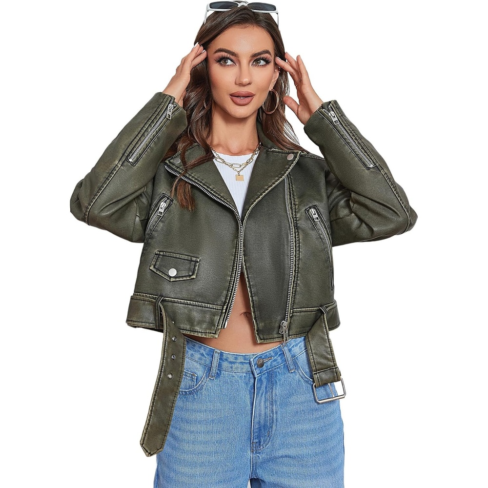 image:imageLY VAREY LIN Women Faux Leather Cropped Jacket Lapel Zipper Biker Short Coat with BeltL2311dark Green