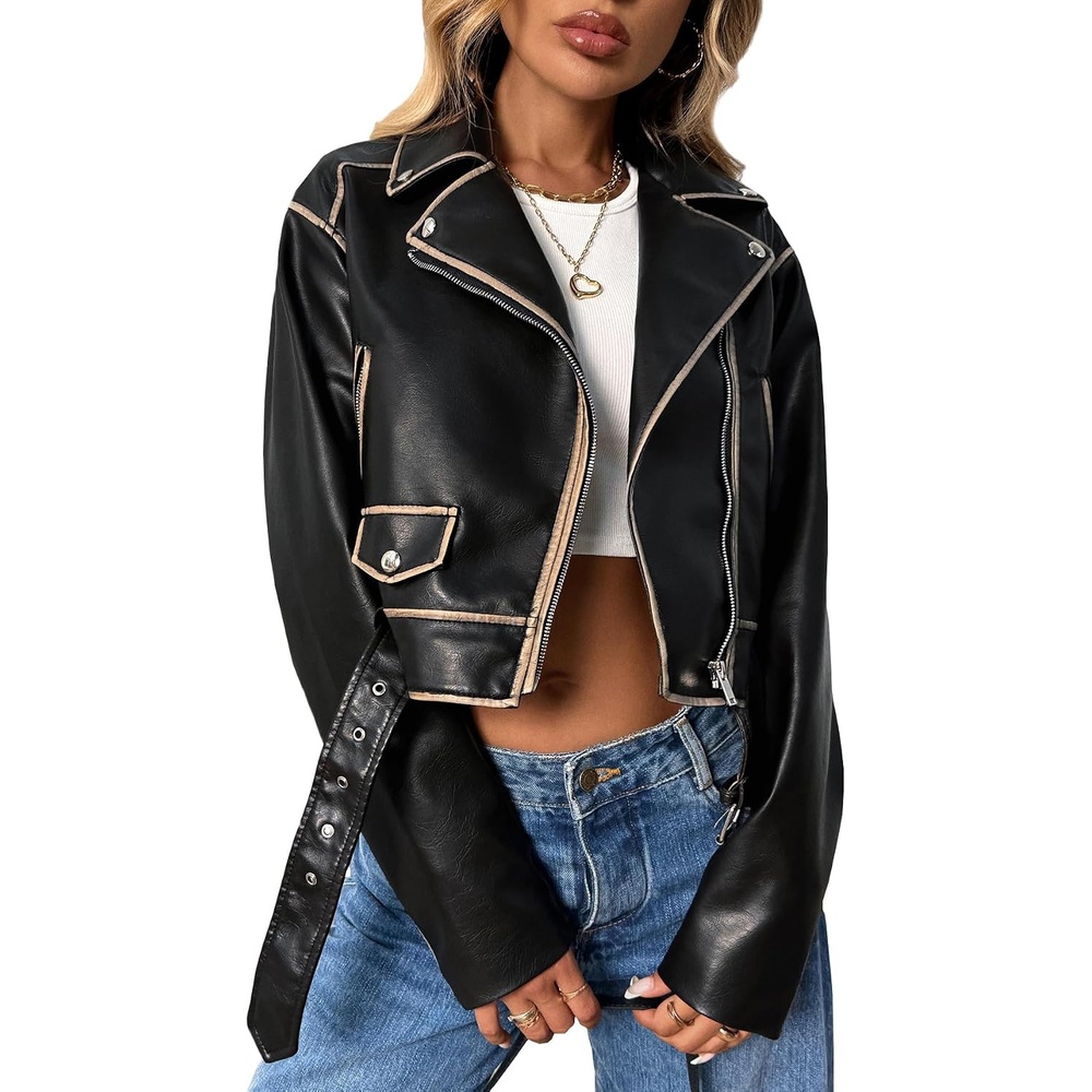image:imageLY VAREY LIN Women Faux Leather Cropped Jacket Lapel Zipper Biker Short Coat with BeltL2311deep Black