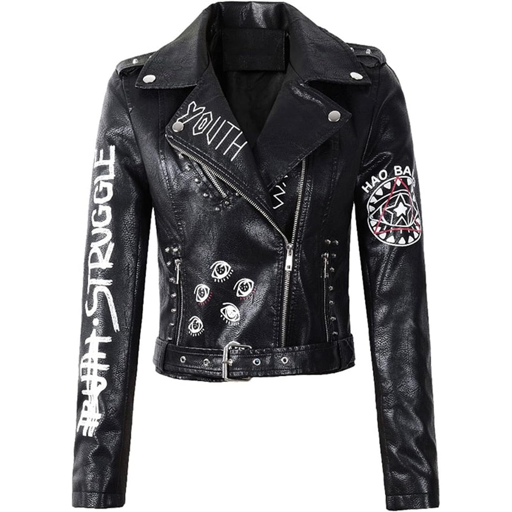 image:imageLY VAREY LIN Womens Print Faux Leather Punk Jacket Biker Motorcycle Jacket with BeltBlack