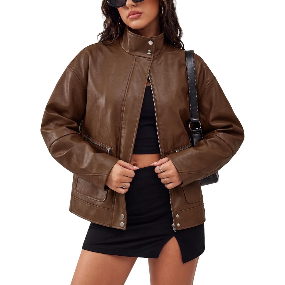 image:imageLeather Jacket Women Faux Bomber Cropped Coat 2026 Fall amp Winter OutfitsBrown