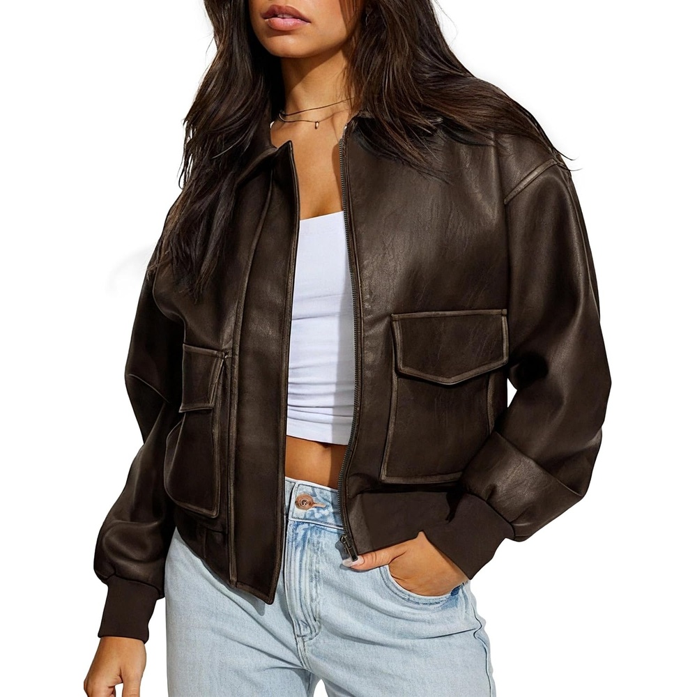 image:imageLeather Jacket for Women Faux Oversized Motorcycle Bomber JacketBrown