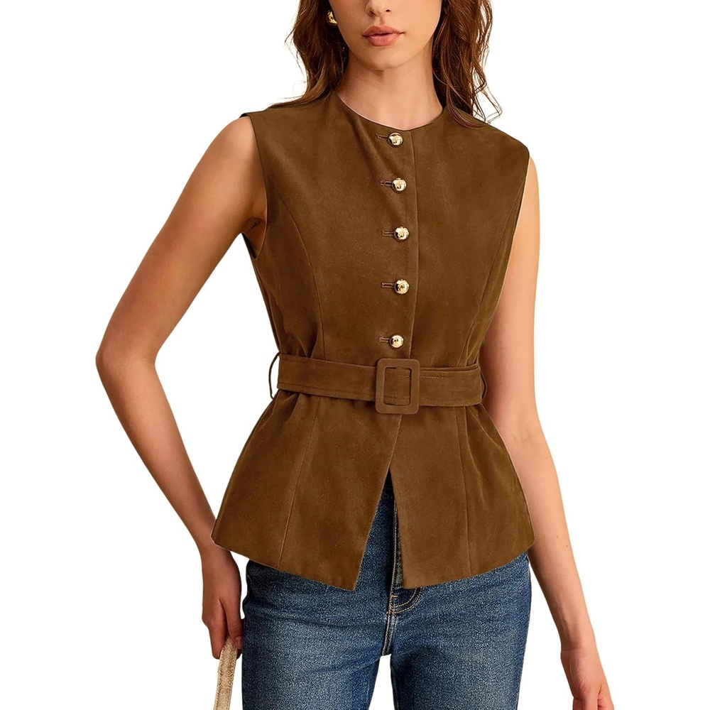 image:imageLentta Womens Suede Vest Crew Neck Sleeveless Button Down Dressy Suit with BeltBrown