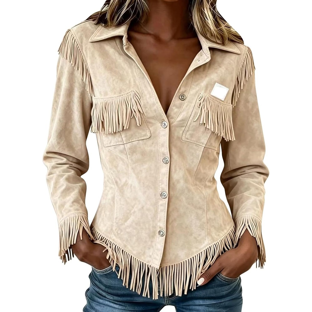 image:imageNantdog Boho Jackets for Women Western Fringe Shacket Suede Barn JacketsBeige