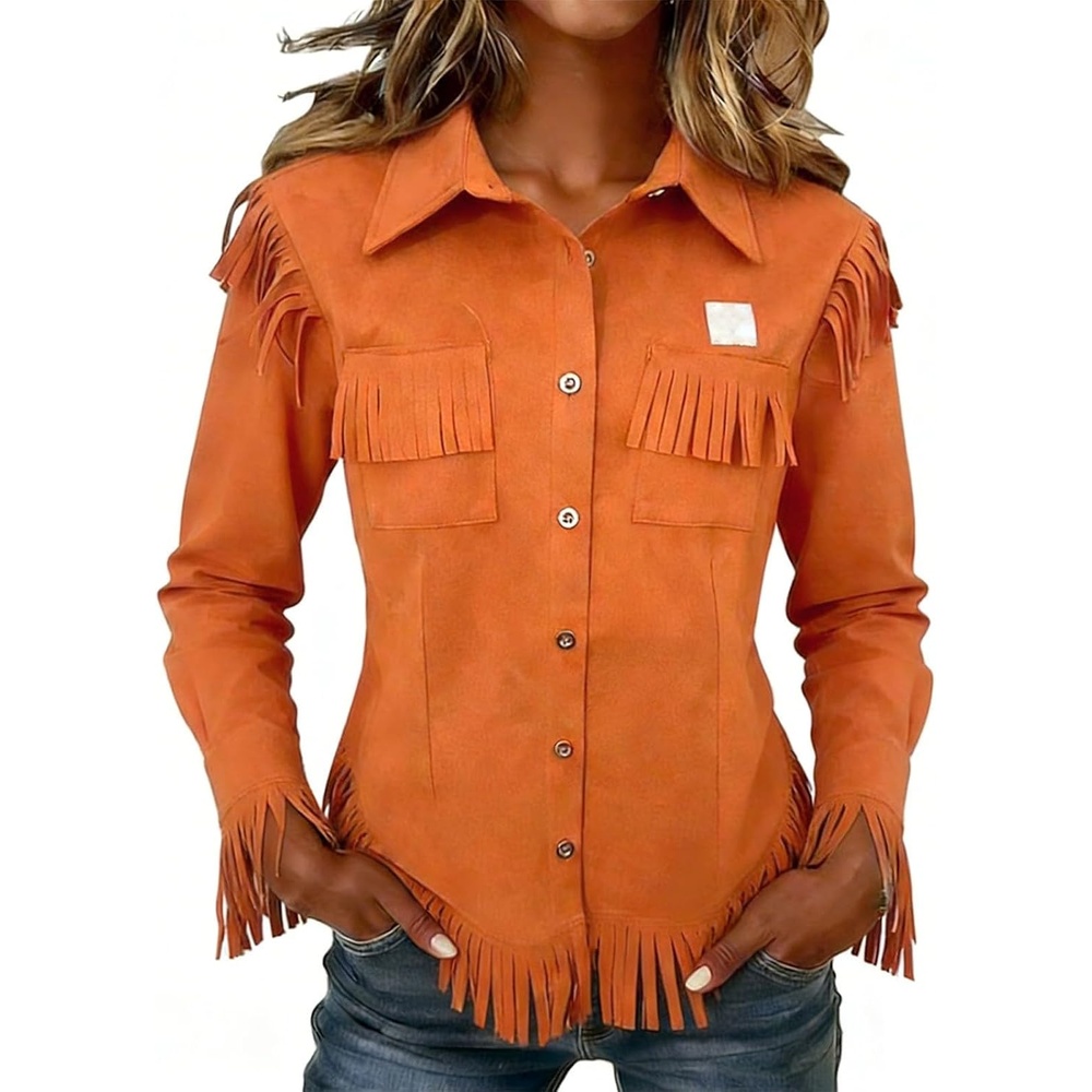 image:imageNantdog Boho Jackets for Women Western Fringe Shacket Suede Barn JacketsOrange