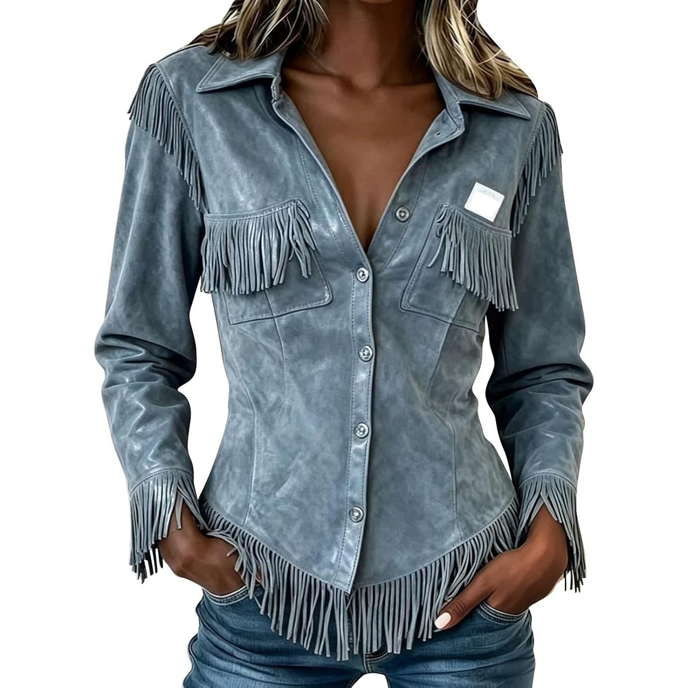 image:imageNantdog Boho Jackets for Women Western Fringe Shacket Suede Barn JacketsSky Blue