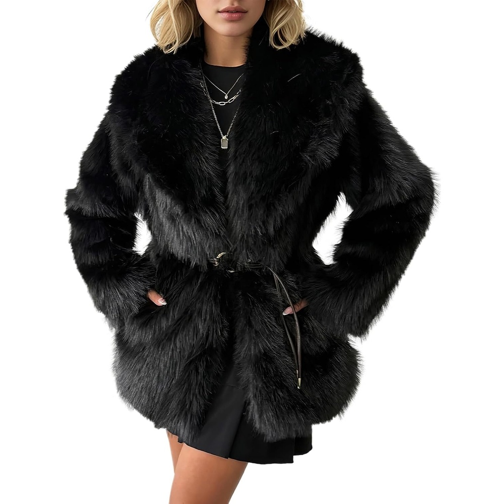 image:imagePEHMEA Womens Faux Fur Coat Winter Warm Fuzzy Belted Lapel Party JacketBlack