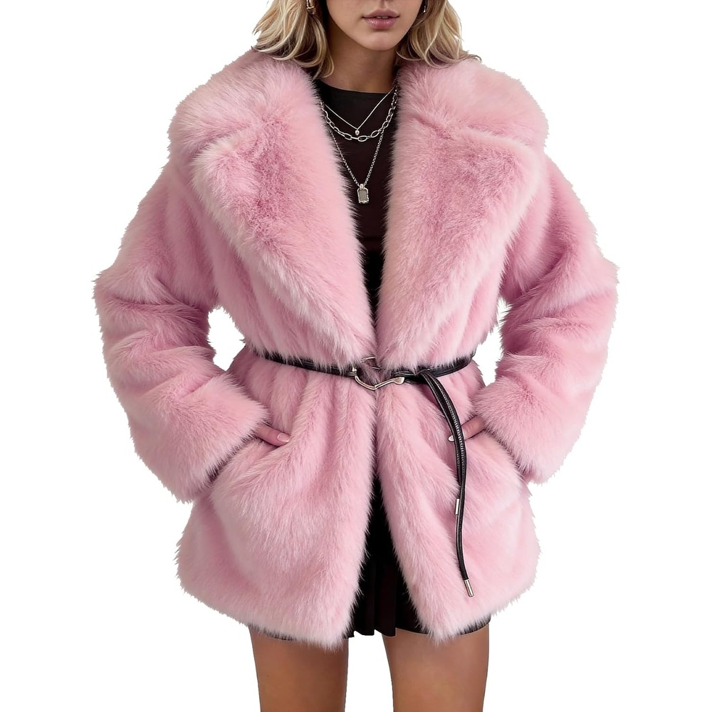 image:imagePEHMEA Womens Faux Fur Coat Winter Warm Fuzzy Belted Lapel Party JacketPink