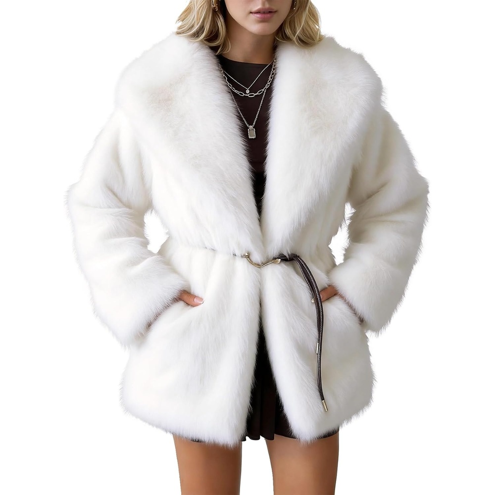 image:imagePEHMEA Womens Faux Fur Coat Winter Warm Fuzzy Belted Lapel Party JacketWhite