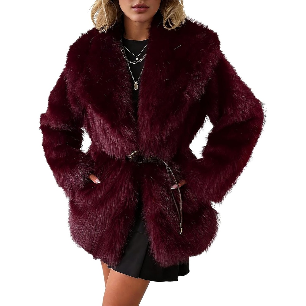 image:imagePEHMEA Womens Faux Fur Coat Winter Warm Fuzzy Belted Lapel Party JacketWinered
