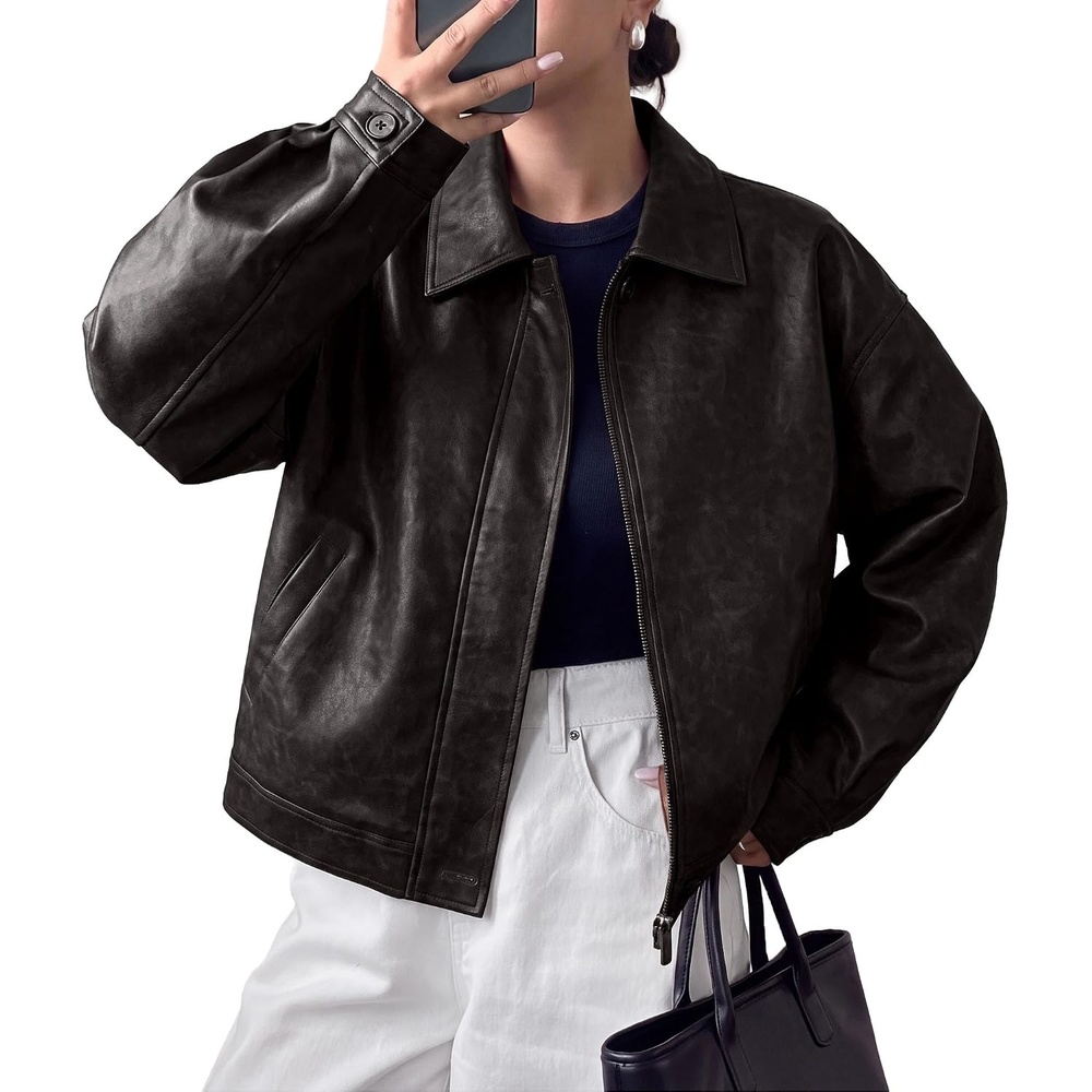 image:imagePRETTYGARDEN Womens Faux Leather Oversized Motorcycle JacketsBlack