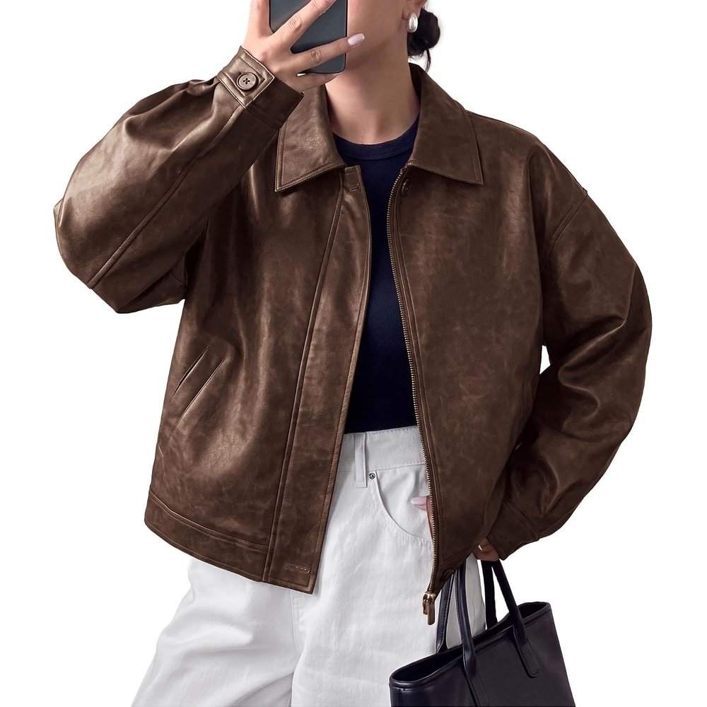 image:imagePRETTYGARDEN Womens Faux Leather Oversized Motorcycle JacketsBrown