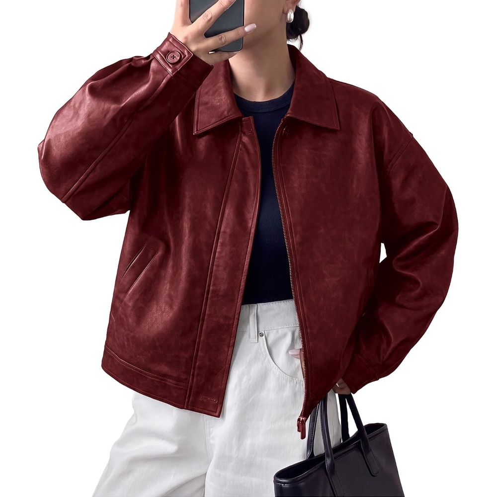 image:imagePRETTYGARDEN Womens Faux Leather Oversized Motorcycle JacketsBurgundy