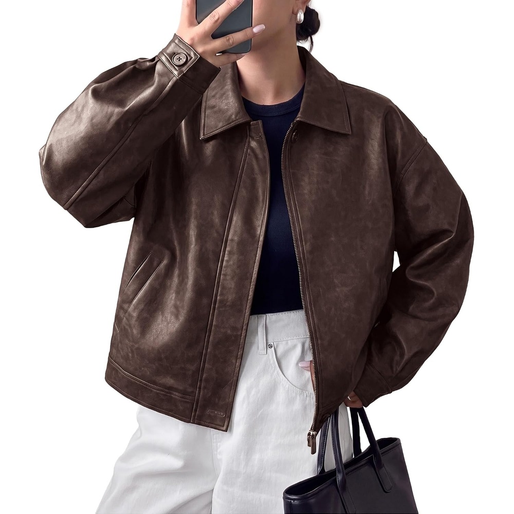 image:imagePRETTYGARDEN Womens Faux Leather Oversized Motorcycle JacketsCoffee