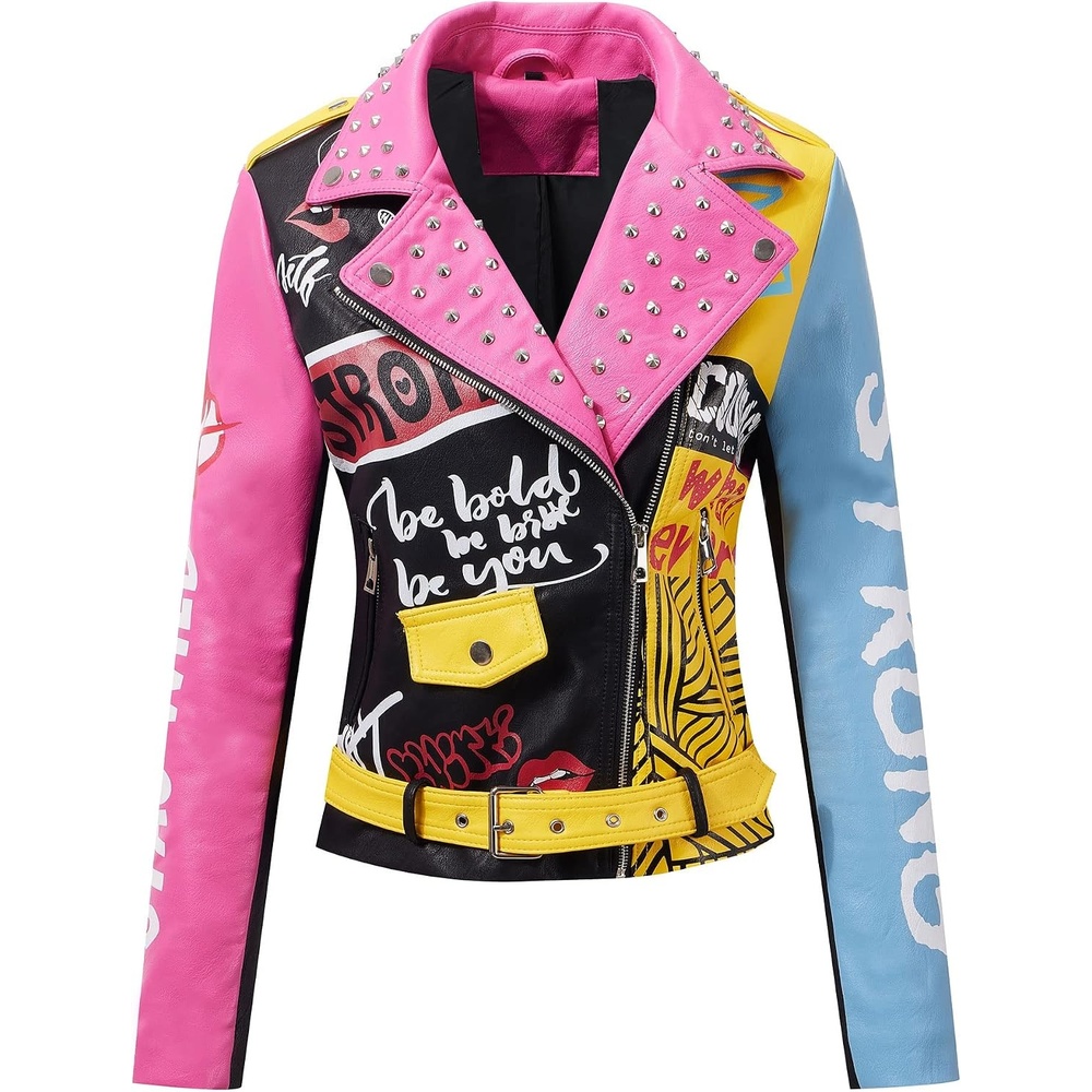 image:imageRISISSIDA Women Faux Leather Studded Moto Jacket Belted Short Streetwear75 Blackpink