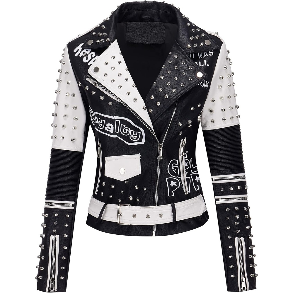 image:imageRISISSIDA Women Faux Leather Studded Moto Jacket Belted Short Streetwear76 Blackwhite