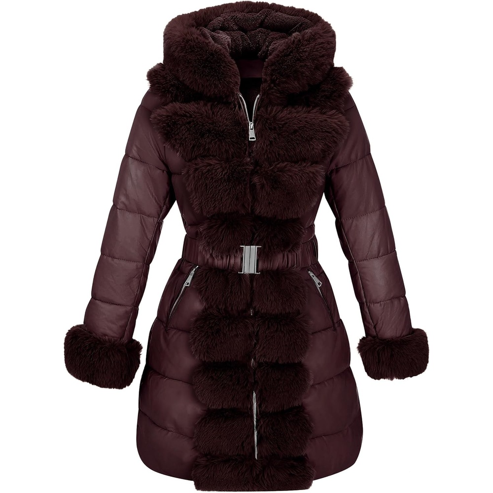 image:imageRISISSIDA Women Winter Puffer Leather Coat with Fur Trim HoodedBurgundy Wine