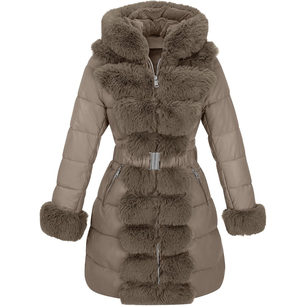 image:imageRISISSIDA Women Winter Puffer Leather Coat with Fur Trim HoodedGray
