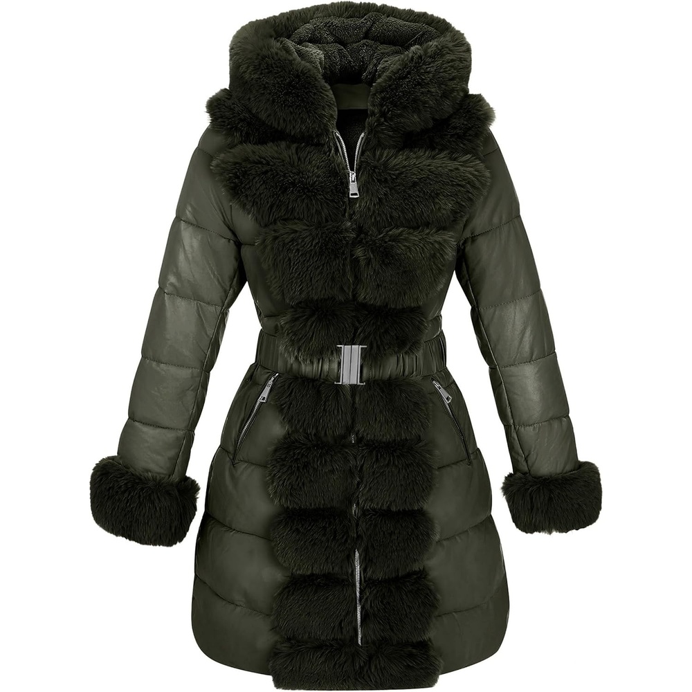image:imageRISISSIDA Women Winter Puffer Leather Coat with Fur Trim HoodedGreen
