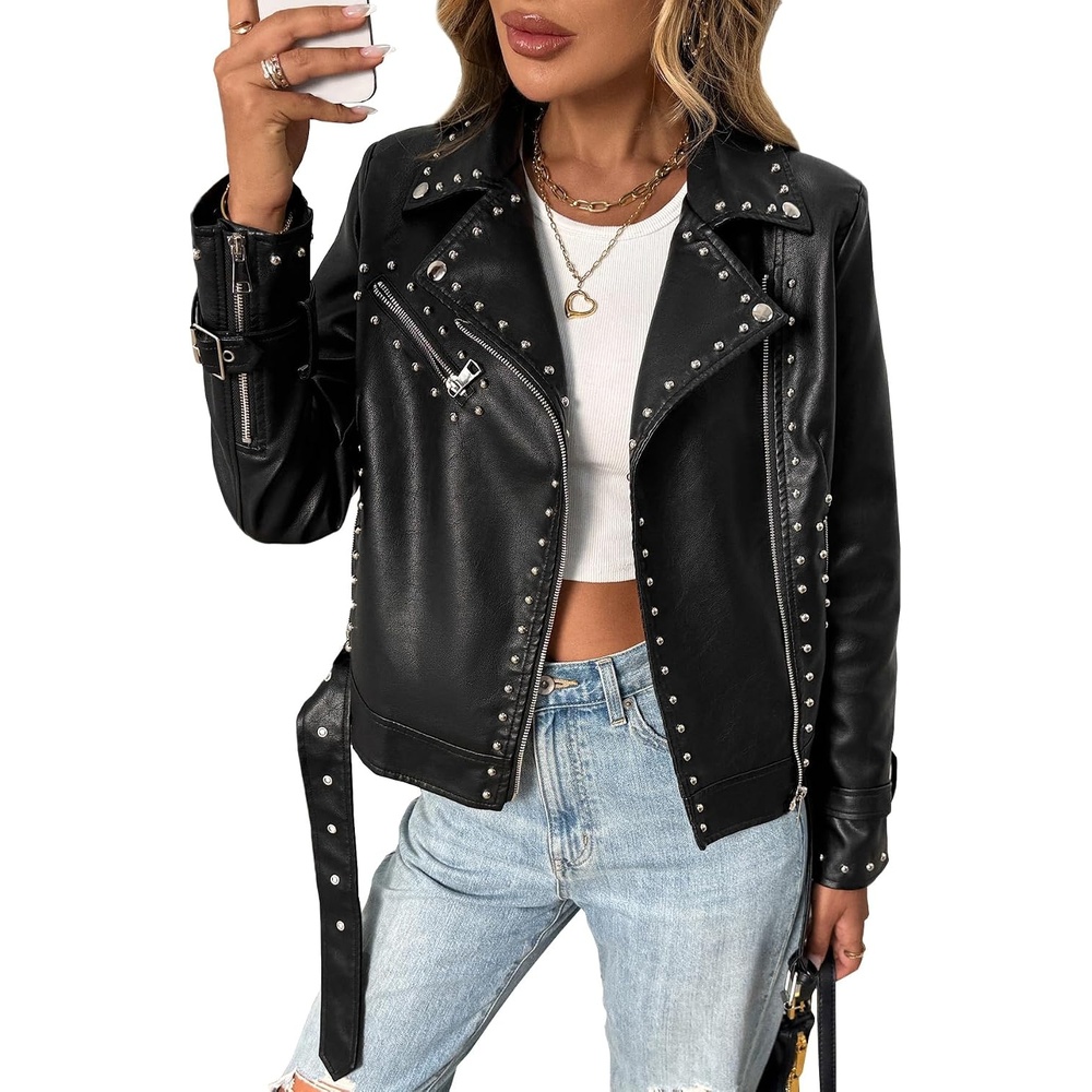 image:imageStudded Faux Leather Moto Jacket Women Black PU Biker Coat with RivetsBlack
