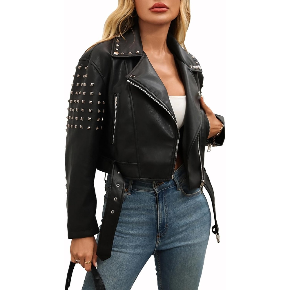 image:imageStudded Faux Leather Moto Jacket Women Black PU Biker Coat with RivetsK509black