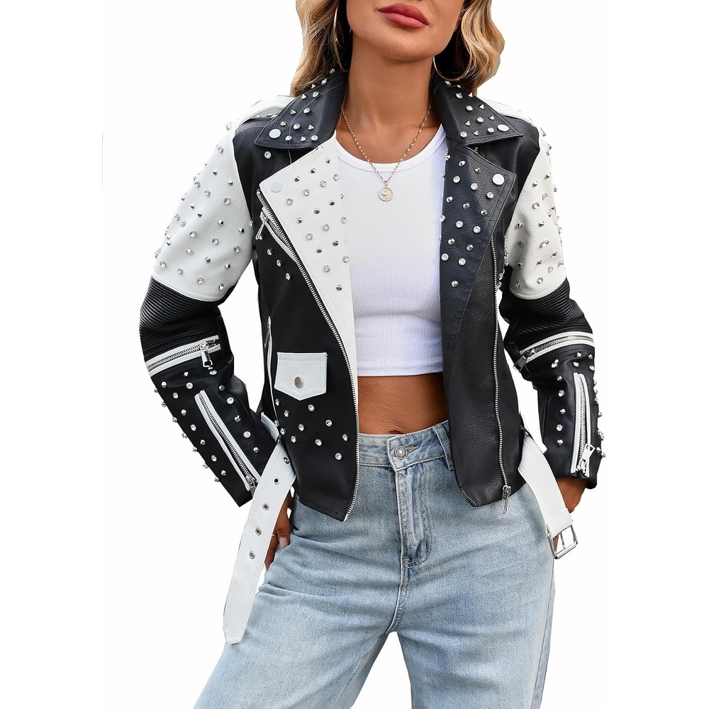 image:imageStudded Faux Leather Moto Jacket Women Black PU Biker Coat with RivetsXy853black