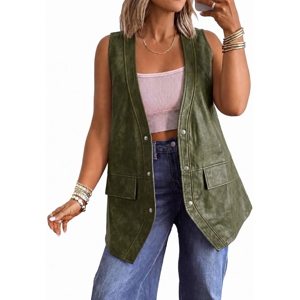 image:imageTankaneo Womens Oversized Faux Leather Long Vest V Neck Sleeveless JacketArmy Green