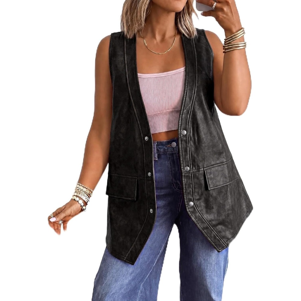 image:imageTankaneo Womens Oversized Faux Leather Long Vest V Neck Sleeveless JacketBlack