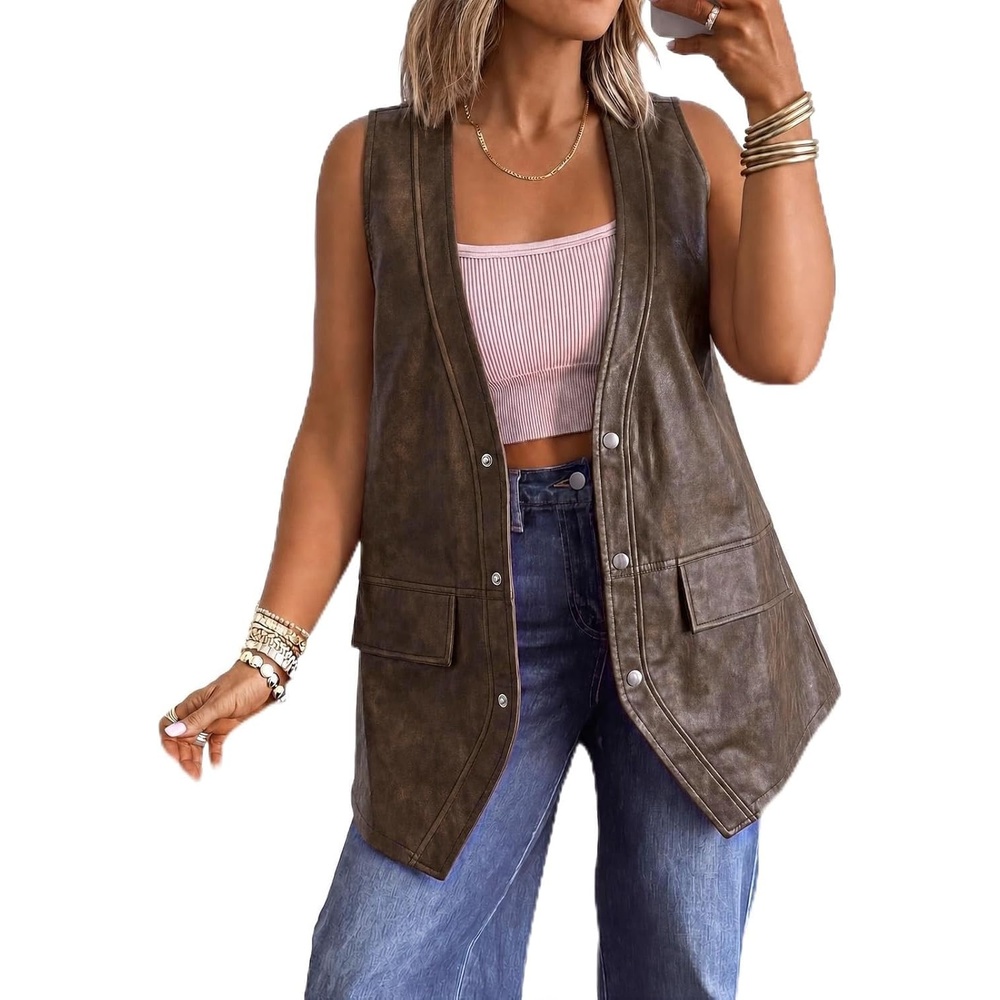 image:imageTankaneo Womens Oversized Faux Leather Long Vest V Neck Sleeveless JacketDark Brown