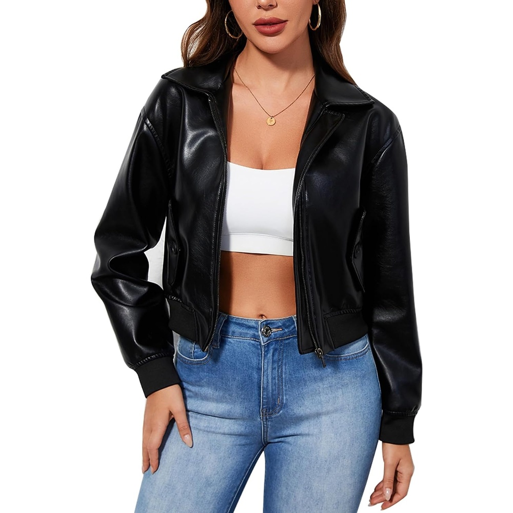 image:imageWomens Faux Leather Moto Biker Jacket Crop Punk Rivet Coat with Belt Short PU Leather OuterwearBlack3