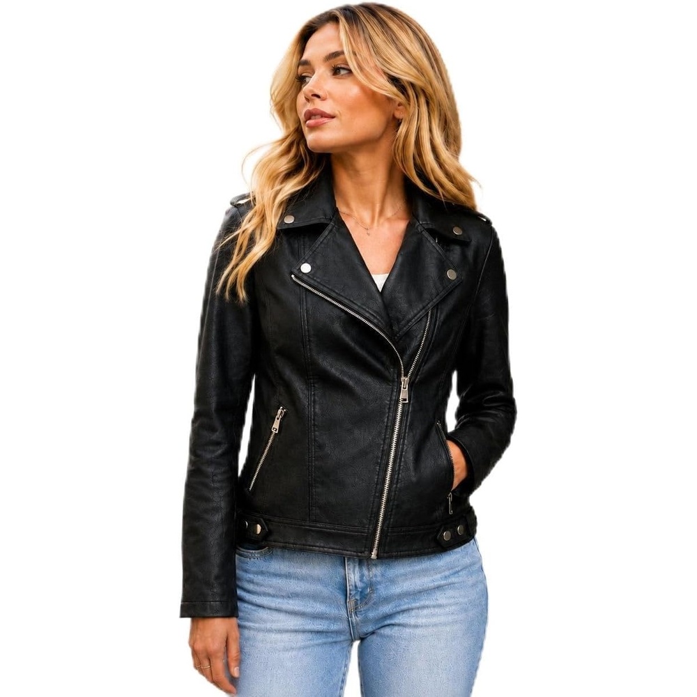image:imageWomens Faux Leather Moto Jacket Zip PocketsBlack