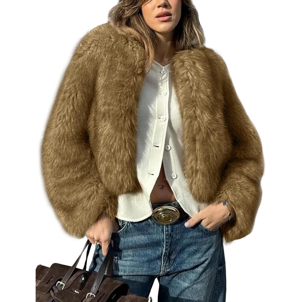 image:imageWyeysyt Women Faux Fur Coat Cropped Fur Fluffy Winter Warm CoatCoffee