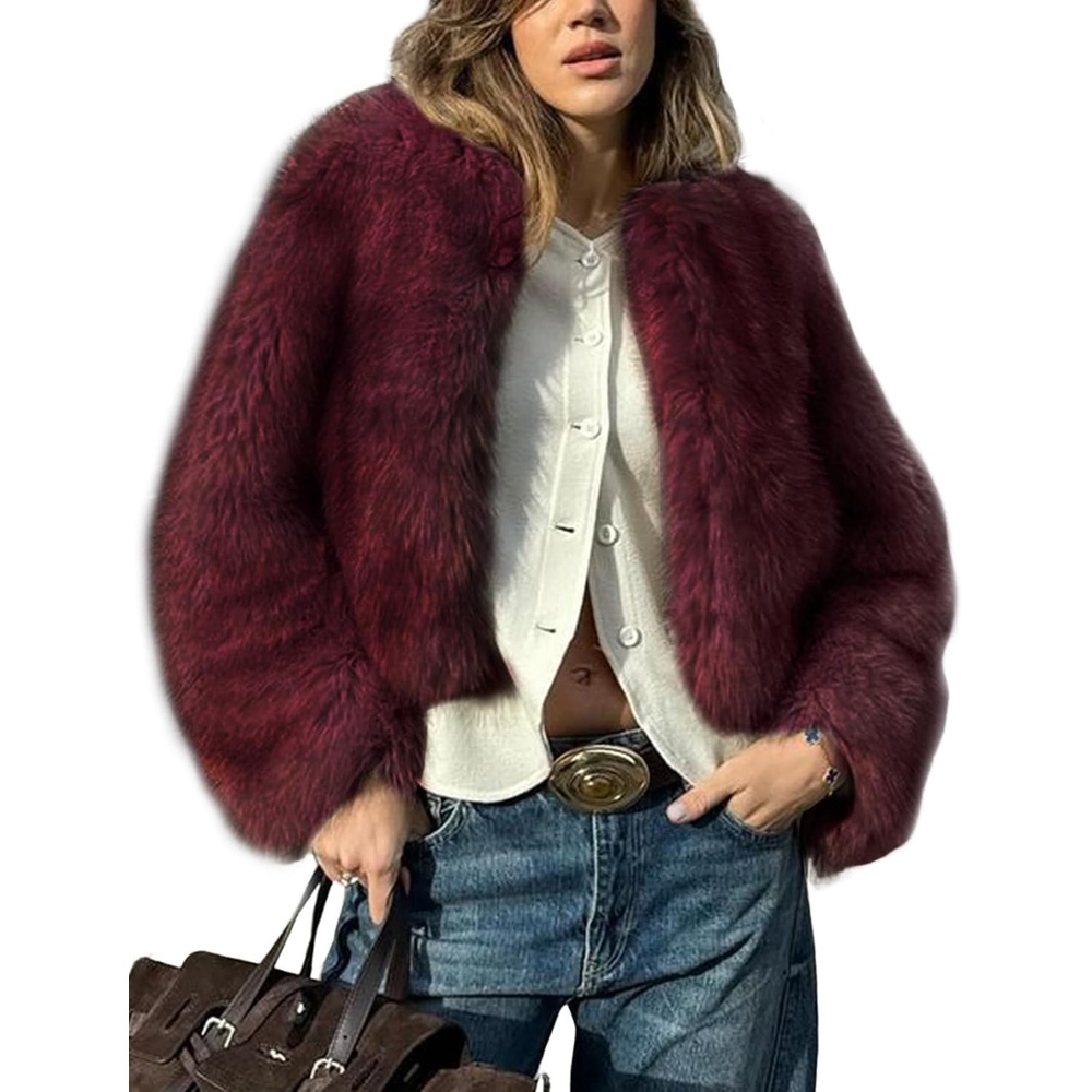image:imageWyeysyt Women Faux Fur Coat Cropped Fur Fluffy Winter Warm CoatWinered