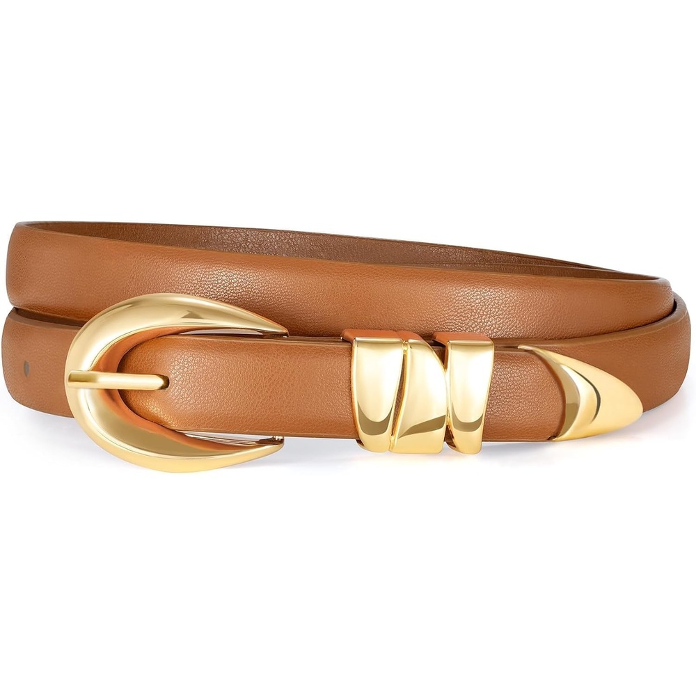 image:imageXZQTIVE Womens Skinny Leather Belts Ladies Thin Waist Belts for Jeans Dress Pants Trendy Black Belt with Gold BuckleBrowngolden Buckle
