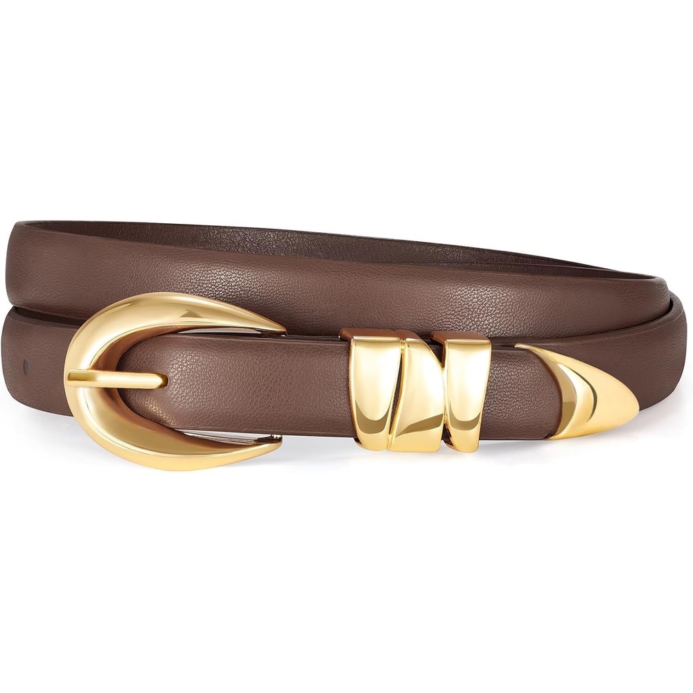 image:imageXZQTIVE Womens Skinny Leather Belts Ladies Thin Waist Belts for Jeans Dress Pants Trendy Black Belt with Gold BuckleDark Browngolden Buckle