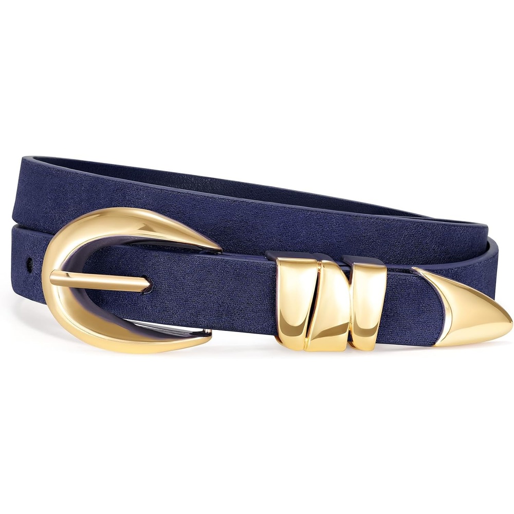 image:imageXZQTIVE Womens Skinny Leather Belts Ladies Thin Waist Belts for Jeans Dress Pants Trendy Black Belt with Gold BuckleSuede Navy Bluegolden Buckle