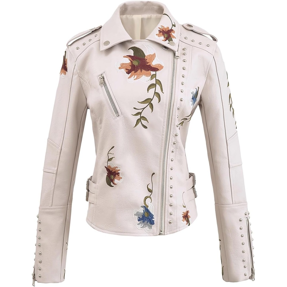 image:imageYILANUOYI Womens Embroidered Studded Faux Leather Jacket Moto Punk Jacket Floral CoatXhpy Beige