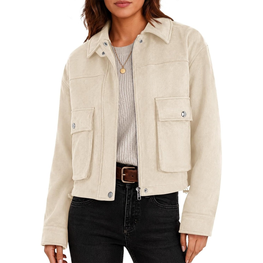 image:imageYousify Womens Faux Suede Bomber Jackets Fall Cropped Zip Up Jacket CoatBeige
