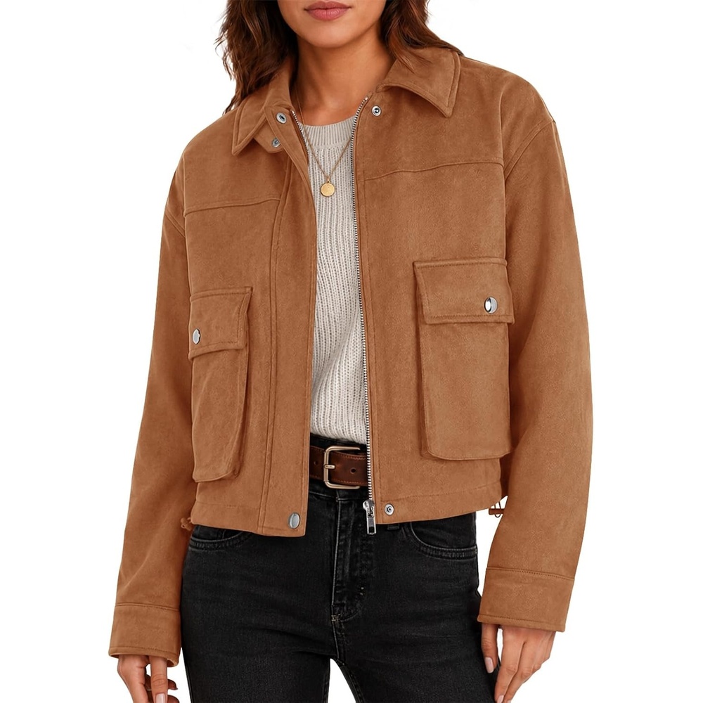 image:imageYousify Womens Faux Suede Bomber Jackets Fall Cropped Zip Up Jacket CoatBrown