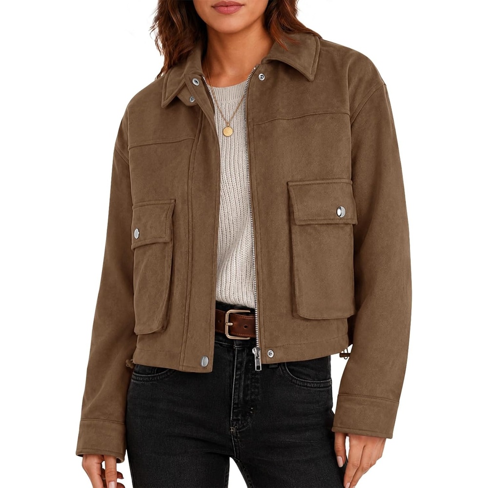 image:imageYousify Womens Faux Suede Bomber Jackets Fall Cropped Zip Up Jacket CoatDark Brown