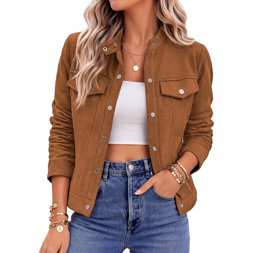 image:imageZeagoo Faux Suede Cropped Jackets for Women Trendy Fall Shackets CoatsLight Brown