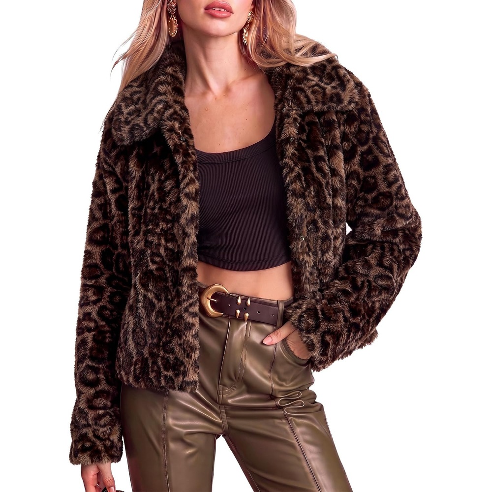 image:imageluvamia Womens Leopard Print Faux Fur Jackets Fluffy Furry Winter CoatsDark Brown Leopard