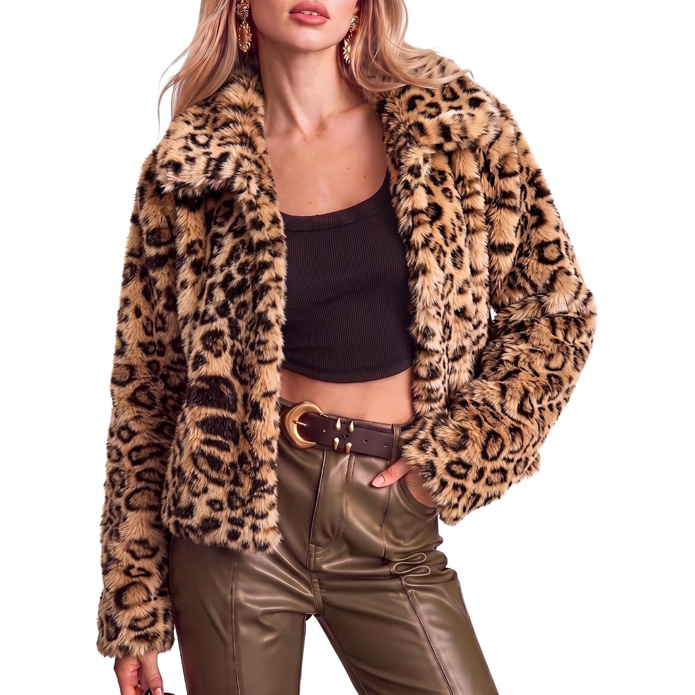 image:imageluvamia Womens Leopard Print Faux Fur Jackets Fluffy Furry Winter CoatsLight Brown Cheetah