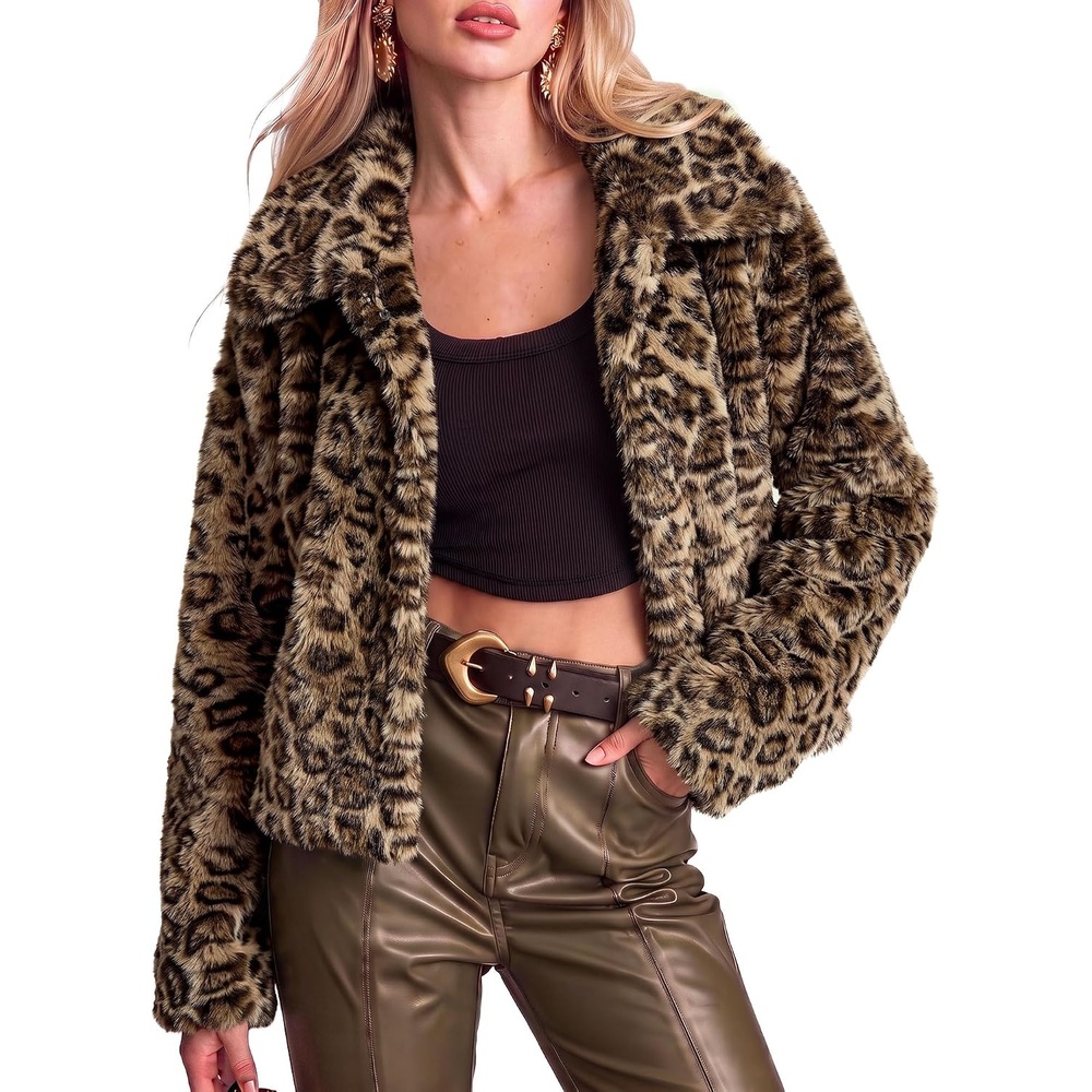 image:imageluvamia Womens Leopard Print Faux Fur Jackets Fluffy Furry Winter CoatsLight Brown Leopard