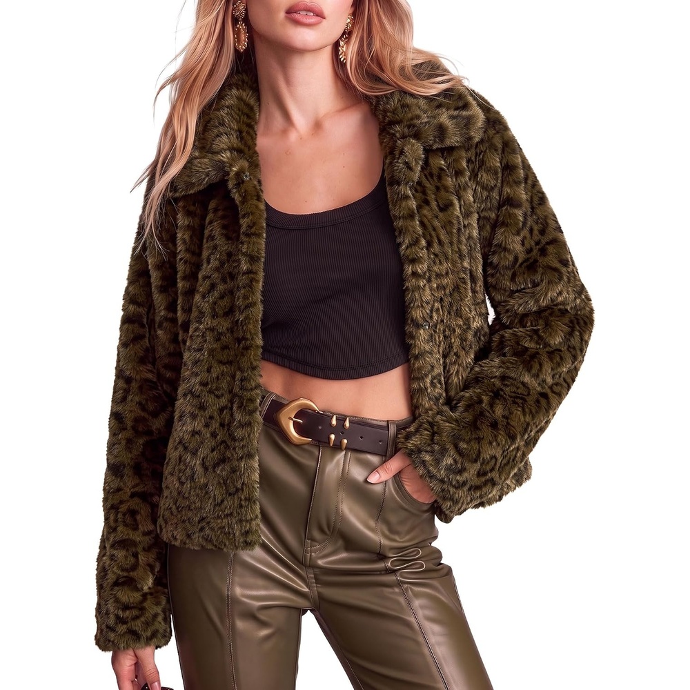 image:imageluvamia Womens Leopard Print Faux Fur Jackets Fluffy Furry Winter CoatsMilitary Olive Leopard