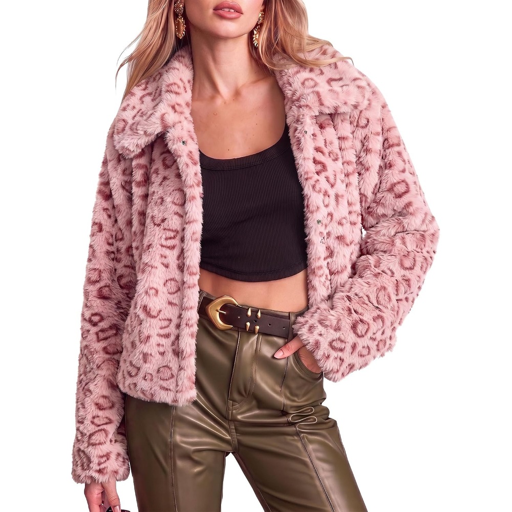 image:imageluvamia Womens Leopard Print Faux Fur Jackets Fluffy Furry Winter CoatsPink Leopard