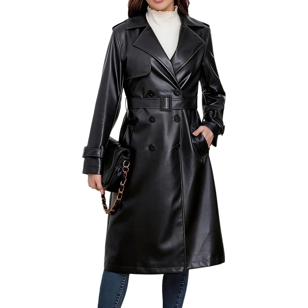image:imageutcoco Womens Long Faux Leather Trench Coat Double Breasted Belted JacketBlack