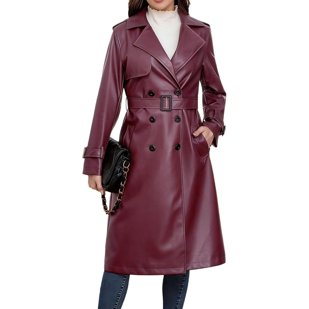 image:imageutcoco Womens Long Faux Leather Trench Coat Double Breasted Belted JacketWine Red