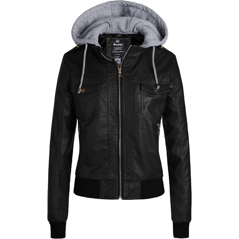 image:imagewantdo Faux Leather Jacket for Women PU Moto Biker Bomber Motorcycle CoatBlacklightweight