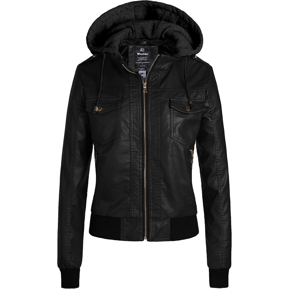 image:imagewantdo Faux Leather Jacket for Women PU Moto Biker Bomber Motorcycle CoatPure Blackthick